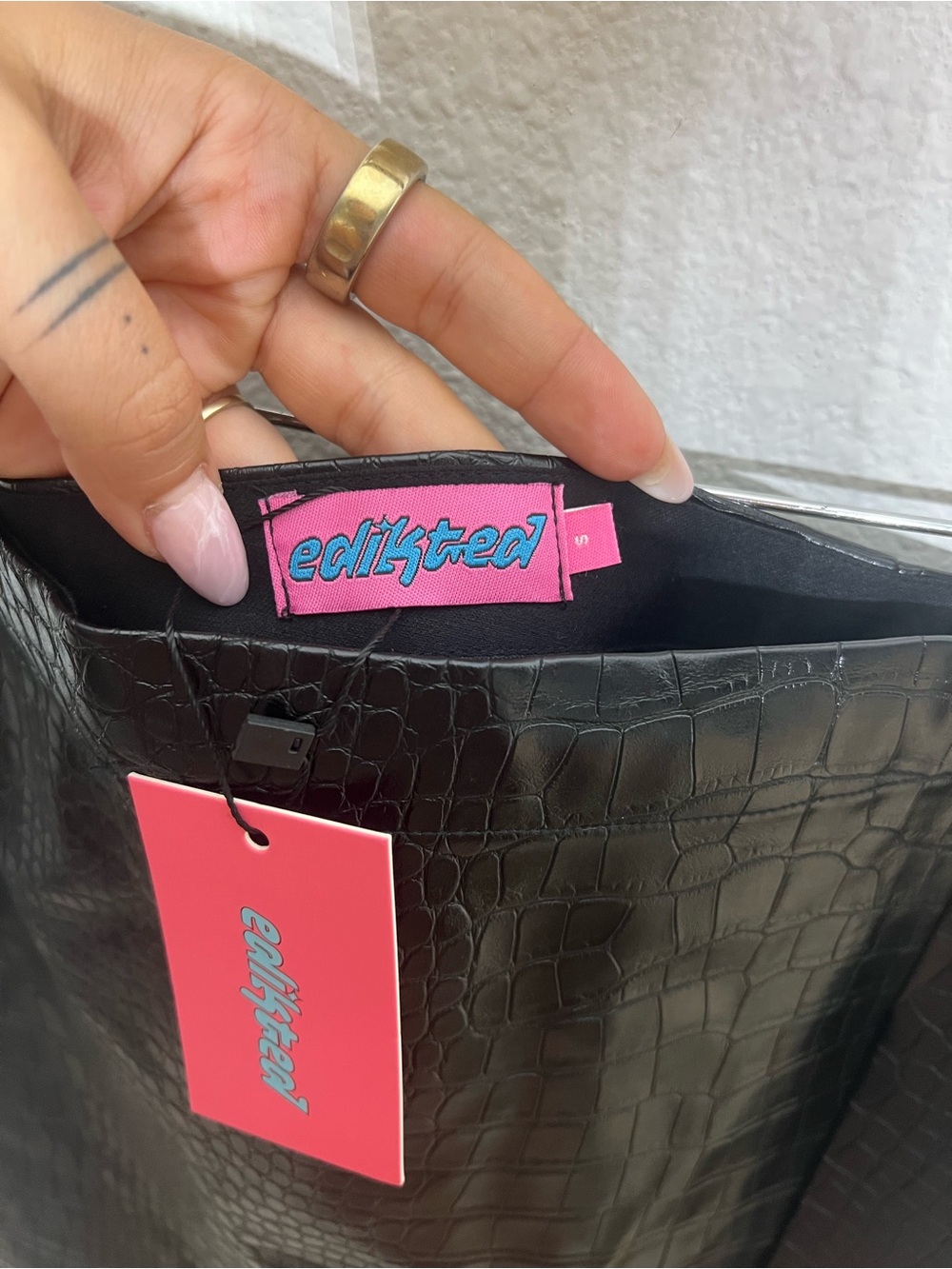EDIKTED • NWT black faux leather mini skirt with croc-embossed texture - Picture 7 of 10